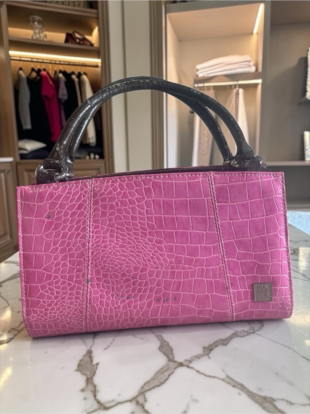 Miche Pink Croc-Embossed Satchel with Dark Top Handles